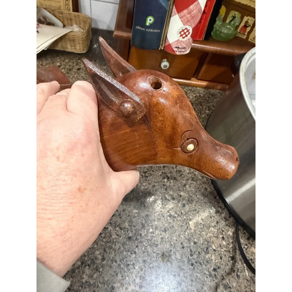 Vintage Hand Carved Wood Deer Head Wall Mount Antlers Rustic Lodge Decor 11 inch